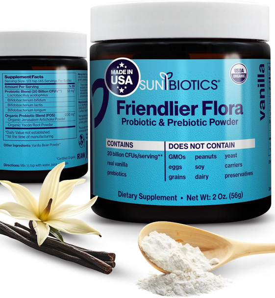 Friendlier Flora - Prebiotic & Probiotic Powder For Women & Men With 20 Billion Cfus Of 4 Probiotic Strains For Good Gut Flora, Immune System & Balanced Microbiome - Vanilla, 2 Ounce