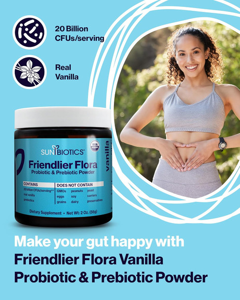 Friendlier Flora - Prebiotic & Probiotic Powder For Women & Men With 20 Billion Cfus Of 4 Probiotic Strains For Good Gut Flora, Immune System & Balanced Microbiome - Vanilla, 2 Ounce