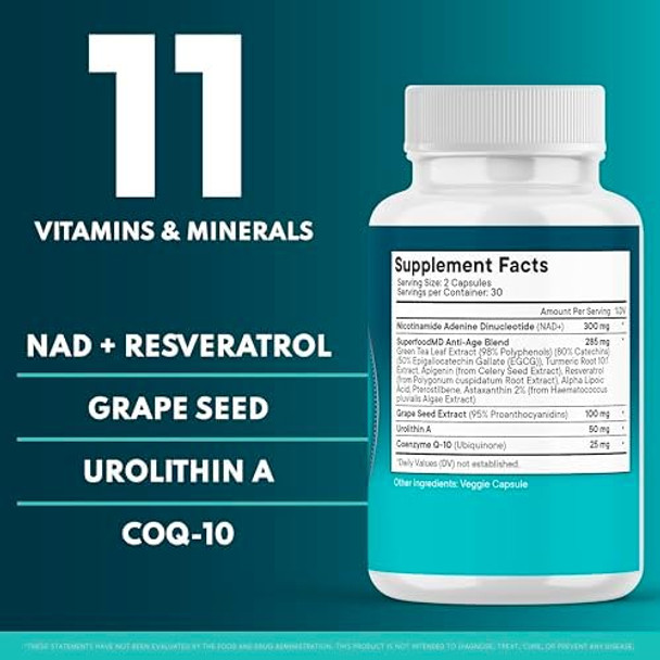 Superfood Md Nad Supplement - Liposomal + Resveratrol For Women & Men, Astaxanthin, Coq10, Alpha Lipoic Acid, Green Tea, Urolithin - 60 Capsules