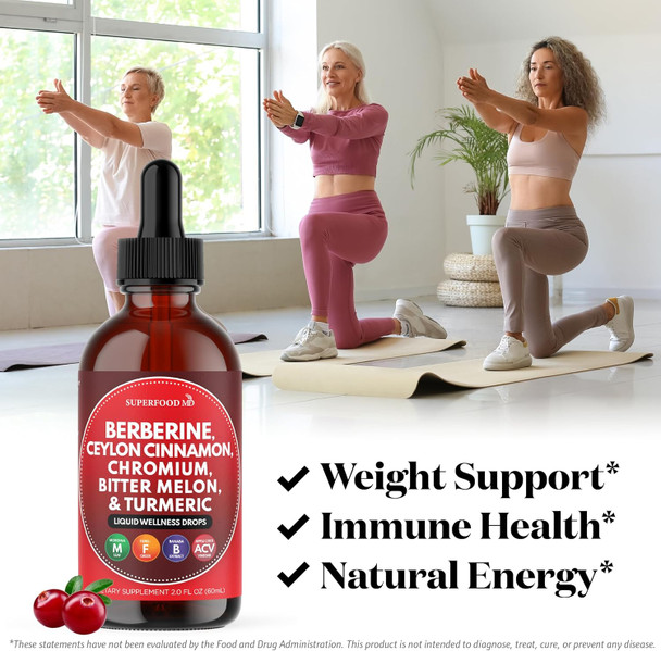 Superfood Md Berberine With Ceylon Cinnamon Supplement Liquid Drops + Bitter Melon Extract, Glucomannan, Gymnema, Chromium, Turmeric, Organic Panax Ginseng, Moringa 8Oz