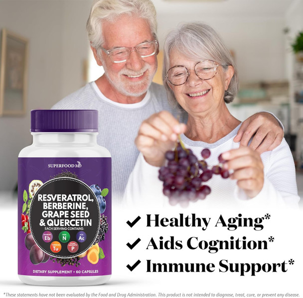 Superfood Md Resveratrol Berberine Grape Seed Extract Quercetin - Polyphenol Supplement With Noni Extract, N-Acetyl Cysteine, Acai Extract - Made In The Usa - 120 Capsules
