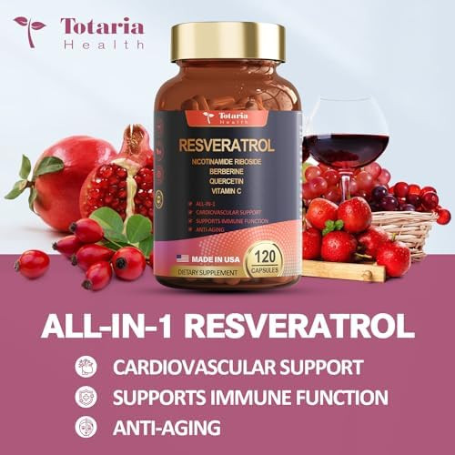 Totaria Resveratrol Supplement Extra Strength With Berberine Quercetin Green Tea Extract Grape Seed Extract Polyphenol Antioxidant Supplement Antioxidant & Heart Health Support 120 Capsules