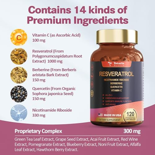 Totaria Resveratrol Supplement Extra Strength With Berberine Quercetin Green Tea Extract Grape Seed Extract Polyphenol Antioxidant Supplement Antioxidant & Heart Health Support 120 Capsules