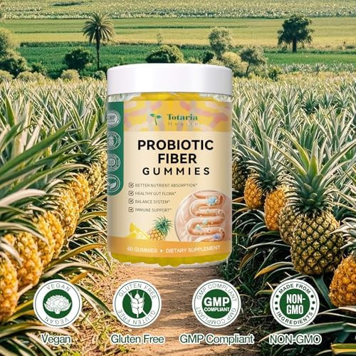 Totaria 9-In-1 Probiotic Fiber Gummies For Adults & Teens, Psyllium Fiber Supplement With 5 Billion Cfu Bacillus Coagulans, Inulin, Acv For Digestive & Gut Wellness, 60 Pineapple Gummies
