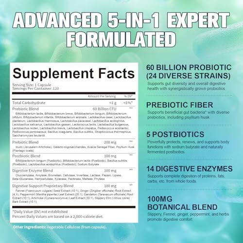 Totaria 5-In-1 60 Billion Cfu Probiotic Prebiotic & Postbiotic For Women & Men, W/Digestive Enzymes, Slippery Elm, Daily Complete Gut Health, Digestive & Immune Support, 4 Month Supply, Vegan