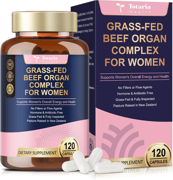 Totaria Beef Organ Supplement For Women - Beef Liver, Kidney, Heart,Uterus Tissue - Balance Hormones & Women'S Overall Energy - Grass Fed, Pasture Raised - Natural Iron Supplement With Folate - 120 Capsules