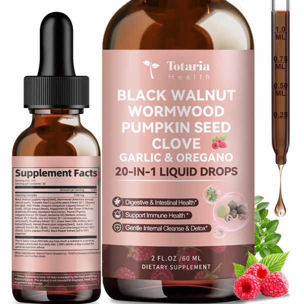 Totaria 20 In 1 Black Walnut Wormwood Tincture  Clove Pumpkin Seed,Garlic,Oregano Berberine  Gentle Gut Cleanse and  Digestive Health  Alcohol Gut-Friendly Raspberry Flavor - 2Fl