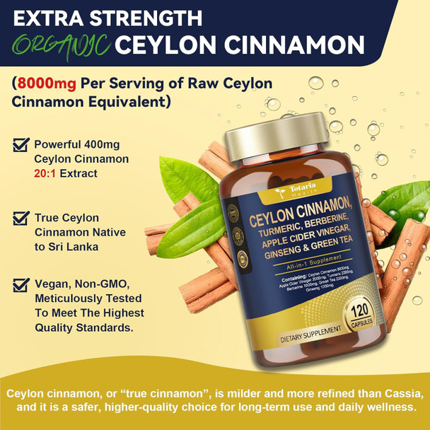 Totaria 18-In-1 Organic Ceylon Cinnamon Capsules With Berberine, Ceylon Cinnamon Supplement W/Apple Cider Vinegar Turmeric Bitter Melon Milk Thistle, For Metabolism, Energy, Heart, 120 Counts