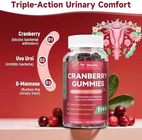 Totaria 2 Pack Vegan Cranberry Gummies With D-Mannose, Probiotic & Vitamin C & Uva Ursi - Women Urinary Tract Health & Immune Support -Suger  Cranberry Supplements For Women - 120 Count