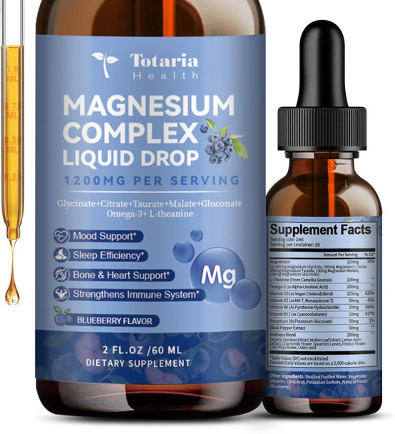 Totaria Magnesium Glycinate Liquid Drop 21 In 1 Magnesium Complex With Vitamin D3,K2,B6 & B12 Plus L-Theanine Omega-3 Sea Moss Extract For Energy,Sleep,Joint,Heart Health Sugar  Blueberry Flavor,2 Fl Oz