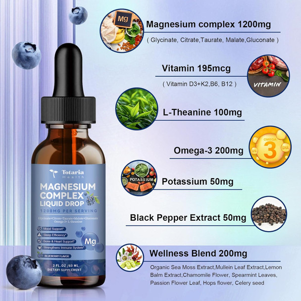 Totaria Magnesium Glycinate Liquid Drop 21 In 1 Magnesium Complex With Vitamin D3,K2,B6 & B12 Plus L-Theanine Omega-3 Sea Moss Extract For Energy,Sleep,Joint,Heart Health Sugar  Blueberry Flavor,2 Fl Oz