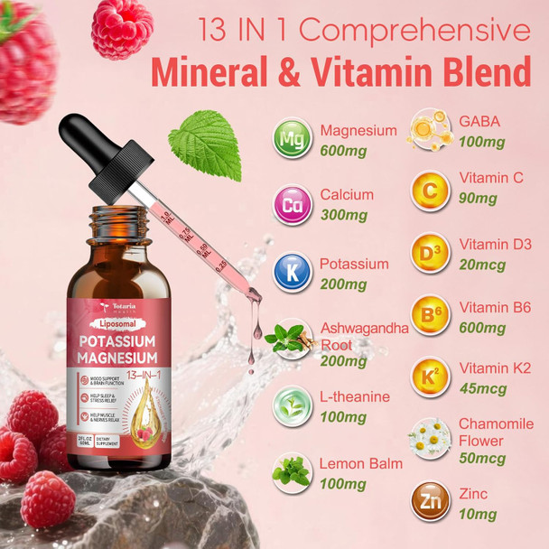 Totaria Liposomal Potassium Magnesium With D3 K2 – 600Mg Magnesium, 300Mg Calcium With Ashwagandha, Gaba, Zinc, Vitamin D3, K2, C –Support Leg Cramps & Calm Non-Gmo, Vegan 2 Fl.Oz