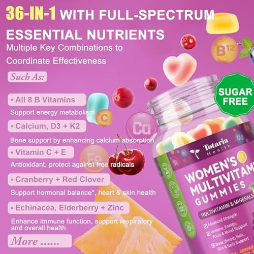 Totaria Sugar  Multivitamin Gummies For Women 14+ W/Iron, Inositol, Folate, Biotin, Womens Daily Multivitamin Gummy W/Vitamin A, C, B, D3, K2, For Hair, Skin, Energy, Immune, Mixed Flavors