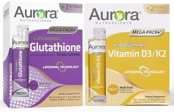 Vida Lifescience Aurora Nutrascience Mega Liposomal Liquid Glutathione (750Ml) & Mega Liposomal Vit D3/K2+Vitc Bundle (640Ml)  32 Serving Packs Each
