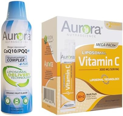 Vida Lifescience Aurora Nutrascience Mega-Liposomal Coq10/Pqq+ Vitamin C & Mega Liposomal Vitamin C, 3,000 Mg Performance Bundle
