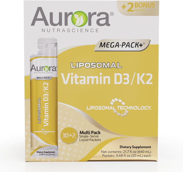 Vida Lifescience Aurora Nutrascience, Mega-Liposomal Vitamin D3/K2+ With Vitamin C, Organic Fruit Flavor, Gluten , Non-Gmo, 32 Single Serve Packets, 21.7 Oz (640 Ml)