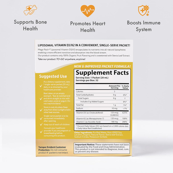 Vida Lifescience Aurora Nutrascience, Mega-Liposomal Vitamin D3/K2+ With Vitamin C, Organic Fruit Flavor, Gluten , Non-Gmo, 32 Single Serve Packets, 21.7 Oz (640 Ml)