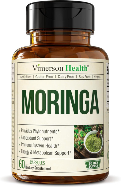 Vimerson Health Moringa Capsules With 100% Pure Moringa Powder For Balanced Energy, Healthy Metabolism, Antioxidant & Immune Support. Nutrient-Dense Superfood Vitamins. Vegan. Non-Gmo. Third Party Tested. 60 Capsules