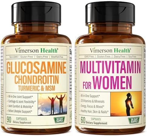 Vimerson Health Glucosamine Chondroitin Turmeric + Multivitamin For Women 2-Bottle Supplement Bundle For Her. Healthy Immune Response, Joint Support, Antioxidant Properties
