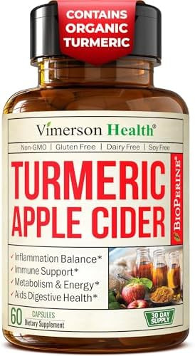 Vimerson Health Organic Apple Cider Vinegar With Turmeric Curcumin Supplement & Ginger For Digestive Health, Metabolism, Energy & Joint Support - Organic Turmeric & Apple Cider Vinegar Capsules. 60 Vegan Non-Gmo Caps