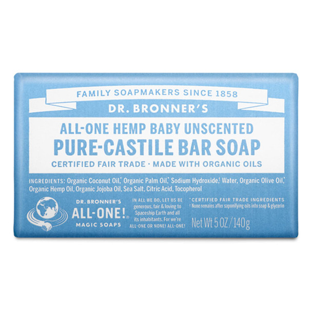 Dr. Bronner’s - Pure-Castile Bar Soap (Baby Unscented, 5 ounce) - Made with Organic Oils, For Face, Body and Hair, Gentle for Sensitive Skin and Babies, No Added Fragrance, Biodegradable, Vegan