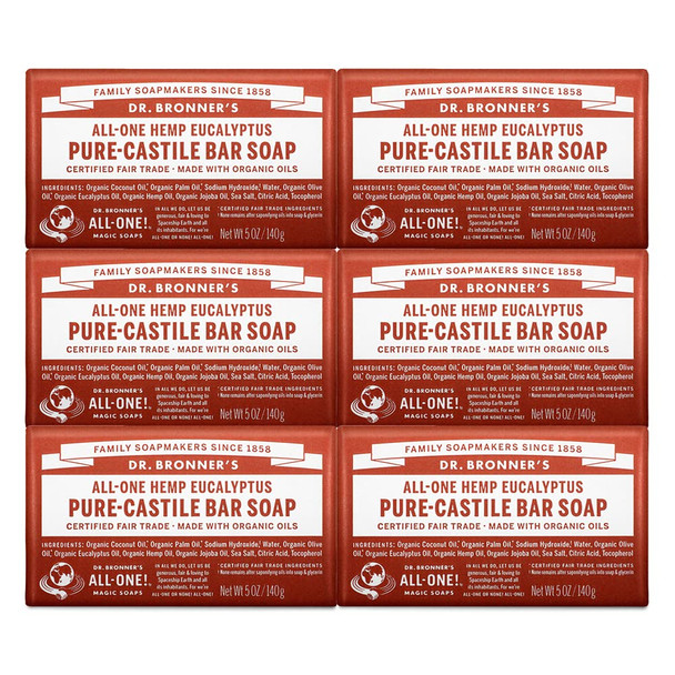 Dr. Bronner’s - Pure-Castile Bar Soap (Eucalyptus, 5 ounce, 6-Pack) - Made with Organic Oils, For Face, Body and Hair, Gentle and Moisturizing, Biodegradable, Vegan, Cruelty-free, Non-GMO