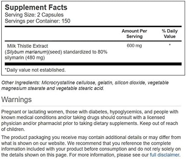 Vitacost Milk Thistle Extract - Standardized - 600 Mg Per Serving - 300 Capsules