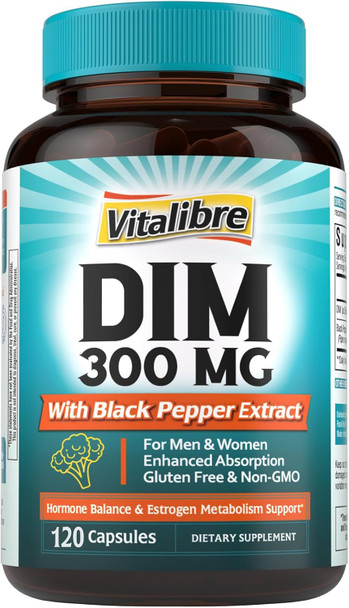 Vitalibre Dim Supplement For Women & Men, Estrogen Metabolism, Hormone Balance & Menopause Support, Dim 300 Mg With Black Pepper Extract, High Absorption, 120 Capsules Vitalibre Dim Supplement For Women & Men, Estrogen Metabolism, Hormone Balance & Menopause Support, Dim 300 Mg With Black Pepper Extract, High Absorption, 120 Capsules