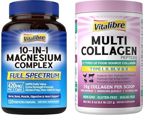 Vitalibre Multi Collagen Peptides Powder 8Oz & 10 In 1 Magnesium Complex 120 Caps