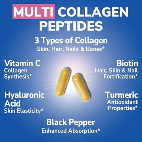 Vitalibre Multi Collagen Peptides, Hydrolyzed, Type I, Ii, Iii, Vitamin C, Biotin, Hyaluronic Acid, Turmeric & Black Pepper, Skin, Hair, Nail & Mobility Support, Non-Gmo, 180 Caps