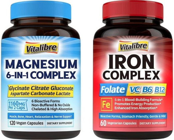 Vitalibre Iron Complex Supplement 60 Capsules & 6 In 1 Magnesium Complex Supplement 120 Capsules, Non-Gmo, Gluten