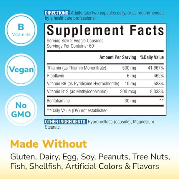 Vitalibre Mega Vitamin B1 500 Mg, With Highly Bioavailable Benfotiamine, Energy Levels, Glucose Metabolism, Nerve System Brain Heart, Vitamin B12, B6, B2, B1 Vitamin B Complex, Vegan, 120 Capsules