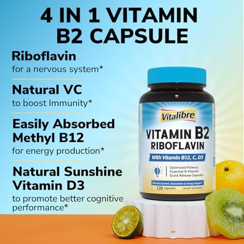 Vitalibre Vitamin B2 400 Mg, Riboflavin, Essential Daily B Vitamin, Easily Absorbed Form, Energy, Nervous System, Mental, Immune Health, B12, D3, Vc, 120 Capsules