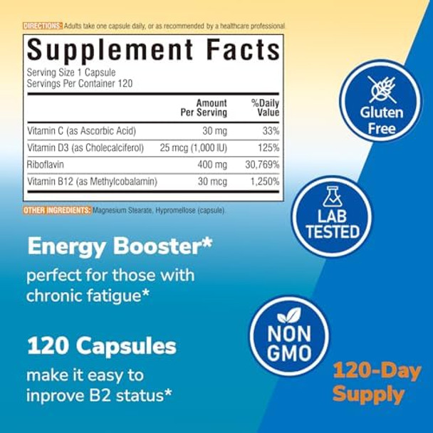 Vitalibre Vitamin B2 400 Mg, Riboflavin, Essential Daily B Vitamin, Easily Absorbed Form, Energy, Nervous System, Mental, Immune Health, B12, D3, Vc, 120 Capsules