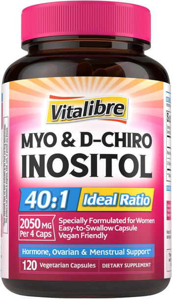 Vitalibre Inositol Supplement, Myo-Inositol & D-Chiro Inositol Fertility Supplements For Women, 40:1 Ideal Ratio, Hormone Balance And Ovarian Support, 80 Vegan Capsules