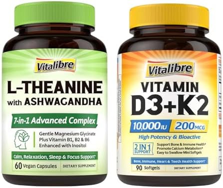 Vitalibre Vitamin D3 K2 10000 Iu 90 Caps And L-Theanine 200Mg Supplement 60 Caps