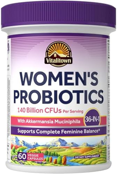 Vitalitown Probiotics For Women, 140 Billion Cfu 20 Strains, Akkermansia Probiotic With Iron, Vitamin C B6 & B12, Digestive Enzymes, Cranberry, D-Mannose, Vaginal Probiotics & Prebiotics, 60 Capsules