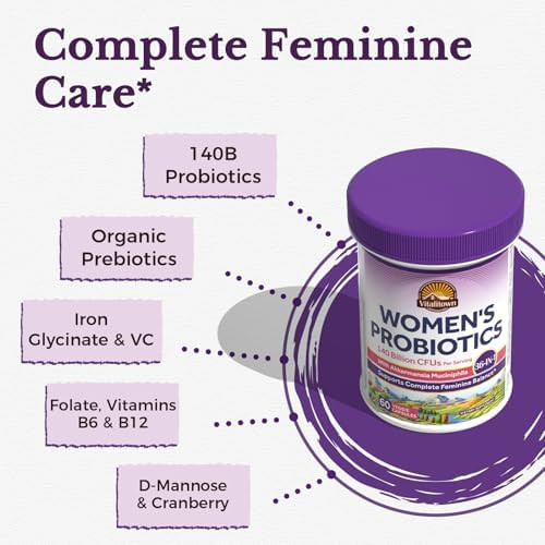 Vitalitown Probiotics For Women, 140 Billion Cfu 20 Strains, Akkermansia Probiotic With Iron, Vitamin C B6 & B12, Digestive Enzymes, Cranberry, D-Mannose, Vaginal Probiotics & Prebiotics, 60 Capsules