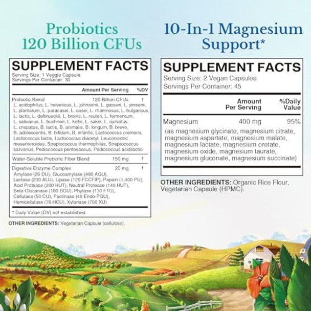 Vitalitown Probiotic + Magnesium Bundle (Pack Of 2)  Probiotics 120 Billion (Item 1) & 6-In-1 Magnesium Complex (Item 2)  Gut, Bone, Muscle, Sleep Health  Vegan  30 Capsules & 120 Capsules