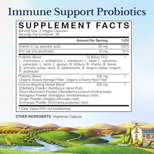 Vitalitown Probiotics 70 Billion Cfu, Immune Support Probiotics Supplement, 15 Clinical-Strength Strains, With Vitamin C, Zinc, Elderberry & Ecea, Digestive Health, 60 Vegan Capsules, Non-Gmo