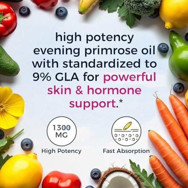 Vitalitown Evening Primrose Oil 1300Mg, Cold-Pressed Seed Oil, Standardized 9% Gla (Gamma-Linolenic Acid), Healthy Skin & Hormonal Balance For Women, Non Gmo, 60 Softgels