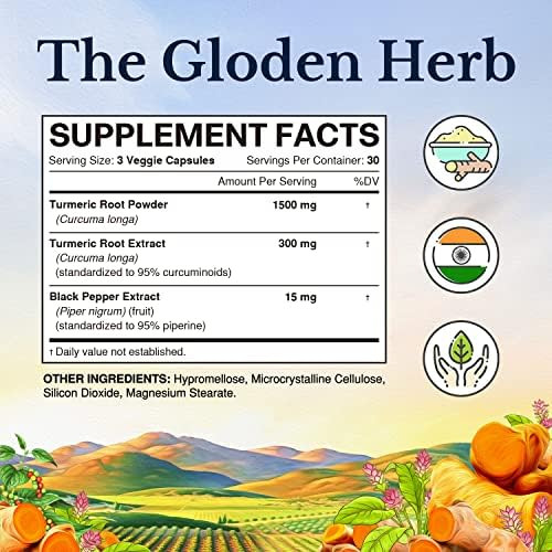 Vitalitown Turmeric Curcumin Root + Black Pepper, 1800Mg, India Grown, 95% Standardized Curcuminoids, Ultra Potency, 2000% Absorption, No Lead Or Gluten, Vegan Support, 90 Ct