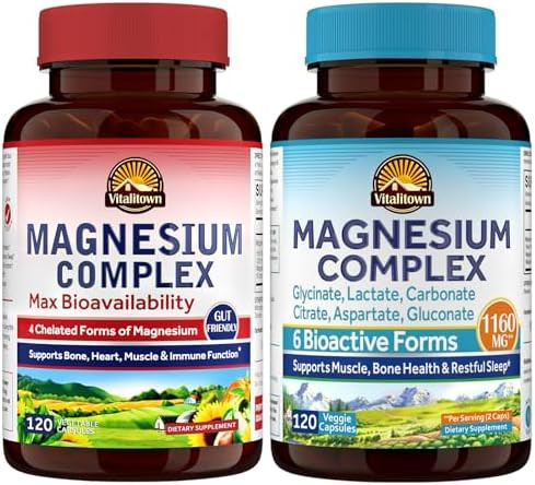 Vitalitown Magnesium Bundle (Pack Of 2)  4-In-1 & 6-In-1 Magnesium Complex  For Bone & Muscle  Magnesium Glycinate, Magnesium Citrate  120 Magnesium Capsules