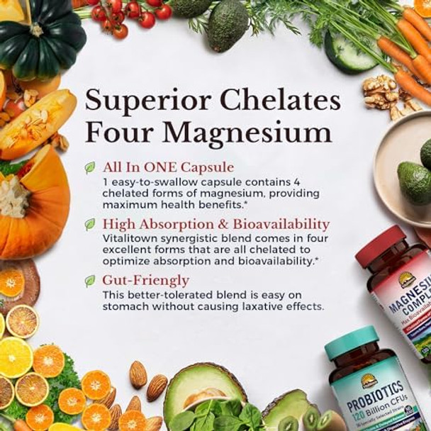 Vitalitown Magnesium + Probiotic Bundle (Pack Of 2)  Magnesium Complex (Item 1) & Probiotics 120 Billion Cfus (Item 2)  120 Magnesium Capsules & 30 Probiotic Capsules