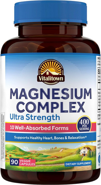 Vitalitown 10 In 1 Magnesium Complex Supplement - 400Mg Elemental Magnesium Chelated With Glycinate, Citrate, Malate, Taurate & More - For Sleep Heart Energy - Non-Gmo, Vegan, 90 Caps