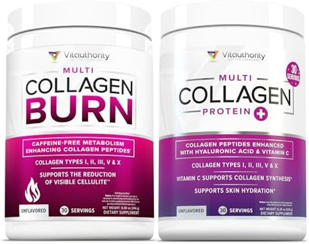 Vitauthority Multi Collagen Burn Unflavored: Hydrolyzed Protein Peptides With Hyaluronic Acid And Multi Collagen Peptides Powder For Women - Hydrolyzed Collagen Powder Unflavored 30 Servings