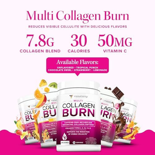 Vitauthority Multi Collagen Burn Unflavored: Hydrolyzed Protein Peptides With Hyaluronic Acid And Multi Collagen Peptides Powder For Women - Hydrolyzed Collagen Powder Unflavored 30 Servings