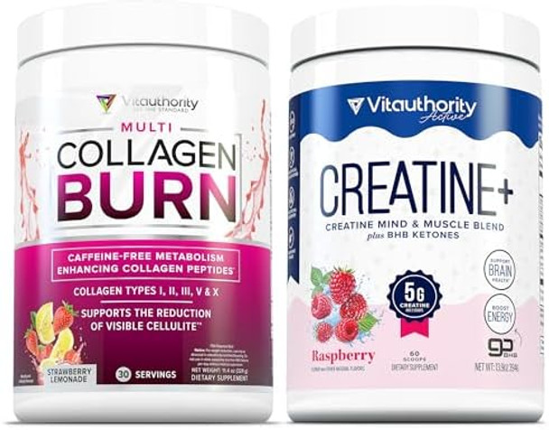 Vitauthority Multi Collagen Burn: Hydrolyzed Protein Peptides With Hyaluronic Acid And Creatine Monohydrate Powder For Women Micronized Creatine Monohydrate With Gobhb & Cognatiq