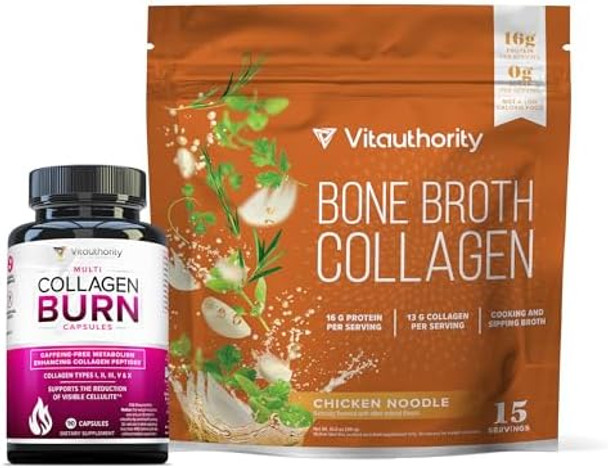 Vitauthority Multi Collagen Burn Capsules: Hydrolyzed Protein Peptides With Hyaluronic Acid And Bone Broth Collagen Delicious Chicken Noodle Flavored - Packed With 16G Of Protein