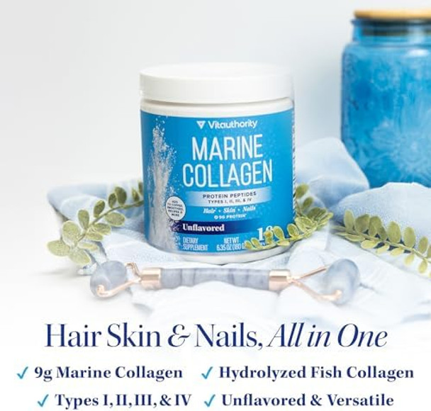 Vitauthority Marine Collagen Peptides Powder Supplement  Hydrolyzed Fish Collagen Peptides  10,000Mg Per Scoop, 9G Protein, Skin, Hair, Nail Sustainably Sourced Whitefish  Unflavored 18 Servings